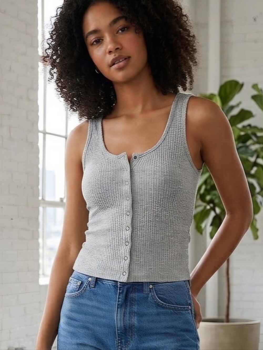American Eagle Outfitters Grey Ribbed Snap Button Tank